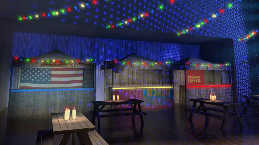 Picnic benches and fairy lights at an American themed party