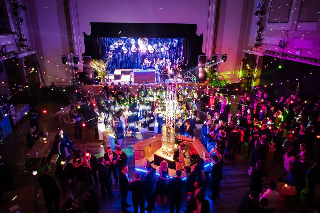 Christmas party viewed from above showing stage and dancefloor