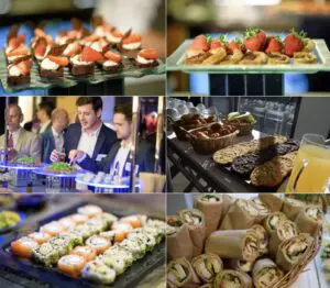 Selection of canapés and guests at a drinks reception
