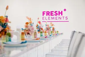 Fresh Elements catering display with floral styling