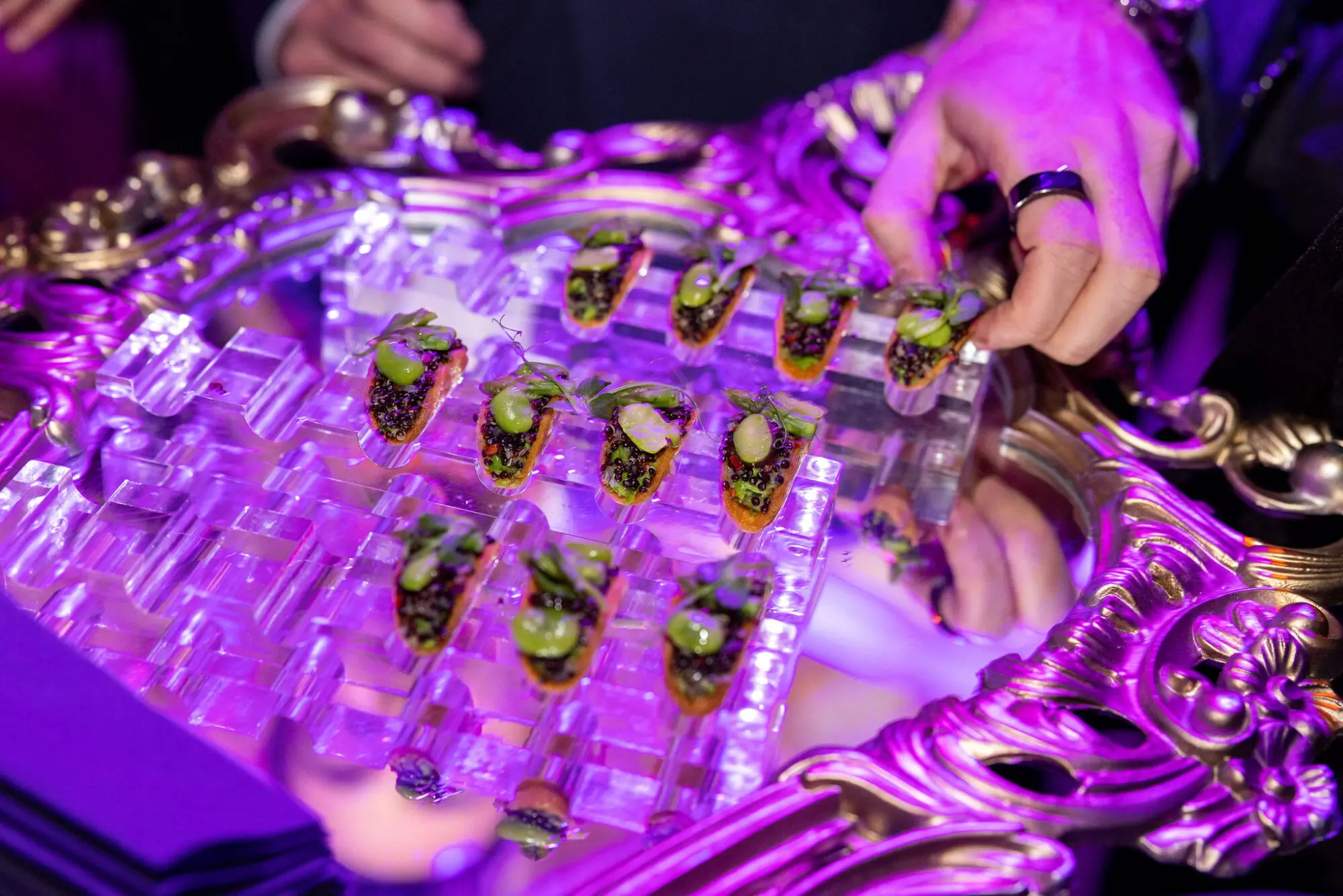Waiter serving canapés from an acrylic tray at a reception
