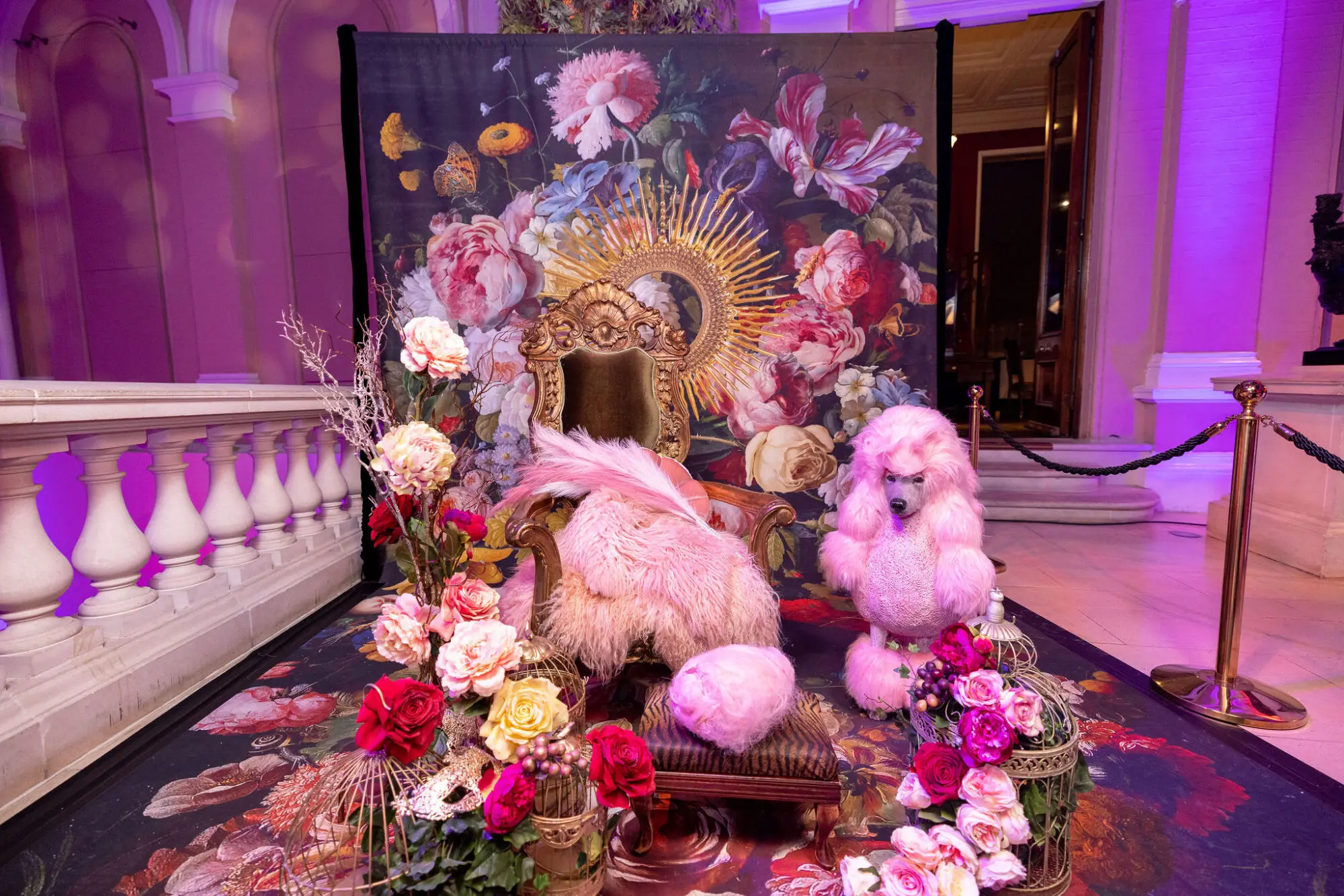 Floral display with flamingo and poodle props