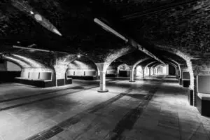 Dockside Vaults venue interior photographed in black and white