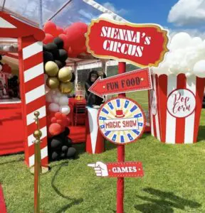 Circus themed party signage and games