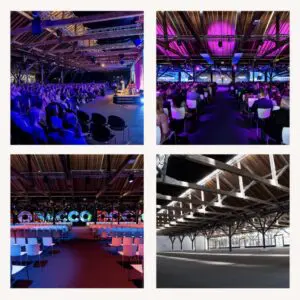 Industrial event venue shown in four lighting setups