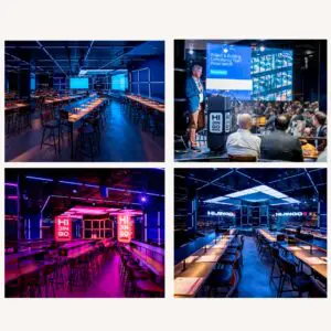 Bar and event spaces lit in blue and pink