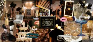 Great Gatsby themed party styling with feathers and coupe glasses