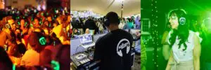 Party crowd, DJ and performer under green lighting