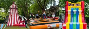 Funfair games including a helter skelter and inflatable slide