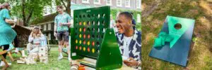 Garden games including giant Connect Four and cornhole